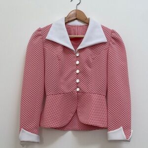 Vintage Retro Handmade Cropped Blazer, Soft Pink with Red Geometric Pattern